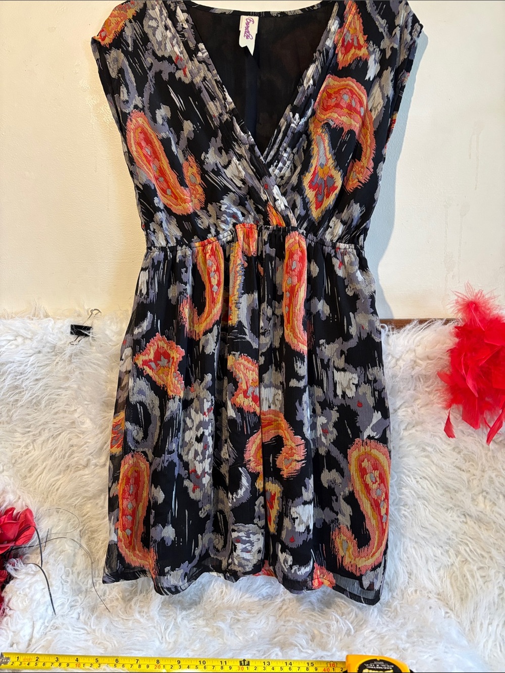 Emmelee for F.C. Black Mini Dress with Orange and Gray Paisley Print